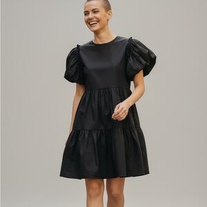 Chepe Made In Italy Black 100% Poplin Cotton Puff Sleeve Black Midi Dress Medium